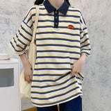 Loose Striped Style Polo Collar Shirt