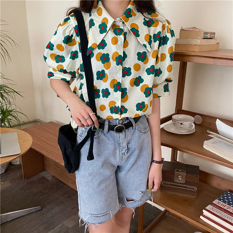 Cartoon Flower Pattern Puff Sleeve Blouse Shirt – Nada Outfit Land
