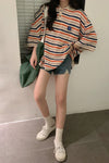 Fun Striped Loose Style Polo Collar Shirt