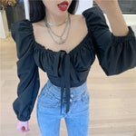 Long Sleeve Sexy Square Collar Bow Crop Tops