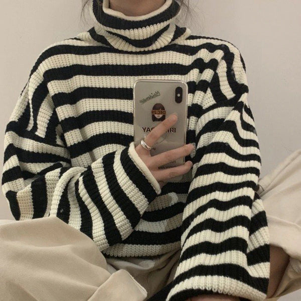 Retro Striped Loose Turtleneck Sweater – Nada Outfit Land