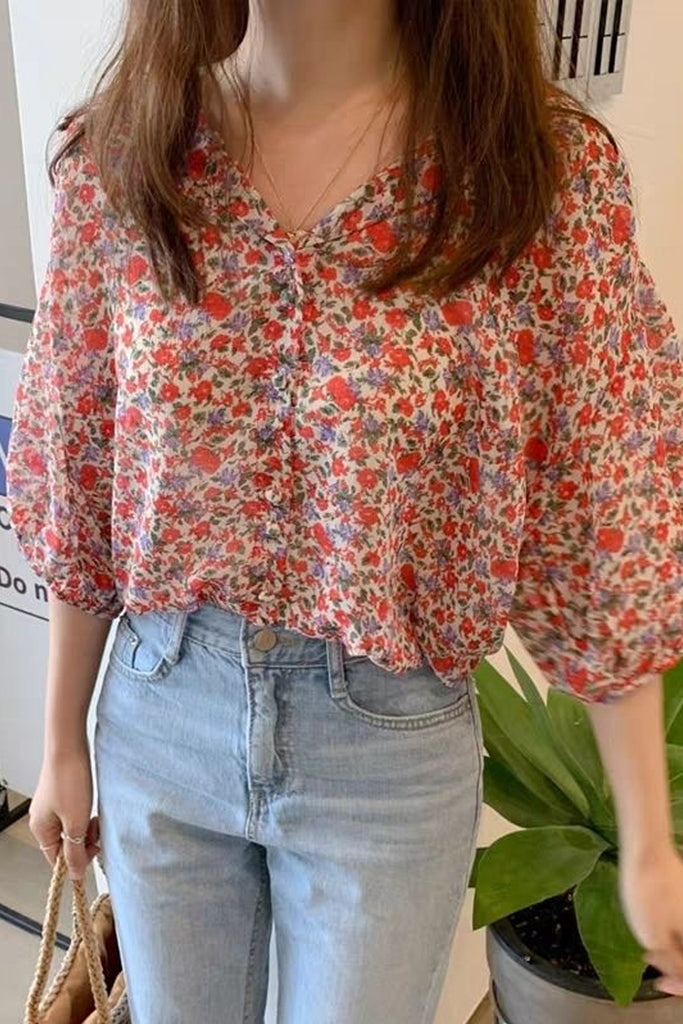 Half Sleeve Retro Flowers Chiffon Blouse Shirt – Nada Outfit Land