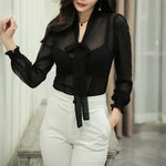 Long Sleeve Sexy V-Neck Bow Thin Transparent Shirt