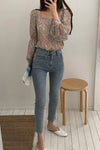 Long Sleeve Square Collar Floral Blouse Shirt