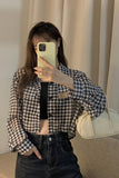 Long Sleeve Houndstooth Pattern Cropped Shirt
