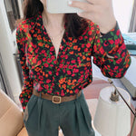 Long Sleeve Flowers Pattern Notched Blouse Shirt