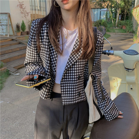 Houndstooth Pattern Long Sleeve Blazer Jacket – Nada Outfit Land