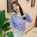 Square Collar Solid Button Short Sleeve Blouse Shirt