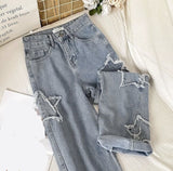 High Waist Stars Embroidered Long Jeans Pants