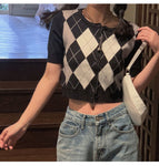 Retro Argyle Pattern Knitted Cropped Sweater