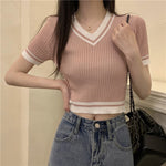 Short Sleeve V-Neck Knitted Slim Crop Tops