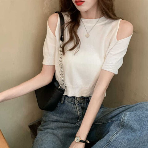 Sexy Cut Shoulder Cropped Slim Shirt – Nada Outfit Land