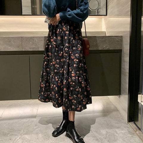 High Waist A-Line Flower Printed Corduroy Long Skirt – Nada Outfit Land