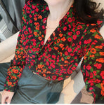 Long Sleeve Flowers Pattern Notched Blouse Shirt