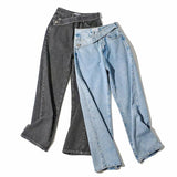 High Waist Irregular Zipper Button Wide Leg Jeans Pants
