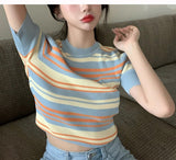 Short Sleeve Stripes Skinny Knitted Shirt