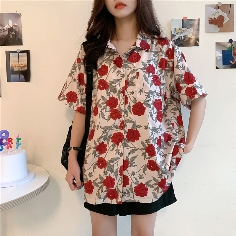 Roses Flower Pattern Short Sleeve Blouse Shirt – Nada Outfit Land