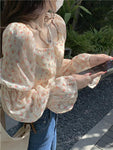Hanging Neck Square Collar Floral Blouse Shirts