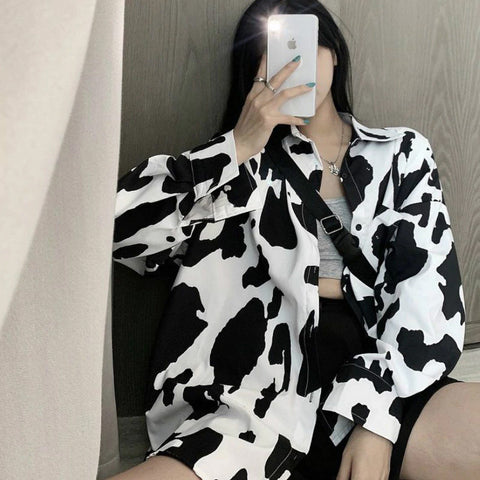 Loose Cow Pattern Printed Blouse Shirt