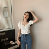 Puff Sleeve Square Collar Knitted Crop Tops