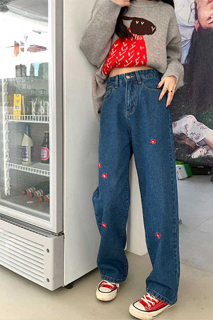 High Waist Red Daisy Embroidered Long Jeans Pants – Nada Outfit Land
