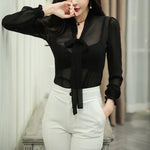 Long Sleeve Sexy V-Neck Bow Thin Transparent Shirt