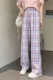 High Waist Cute Pink Plaid Long Pants