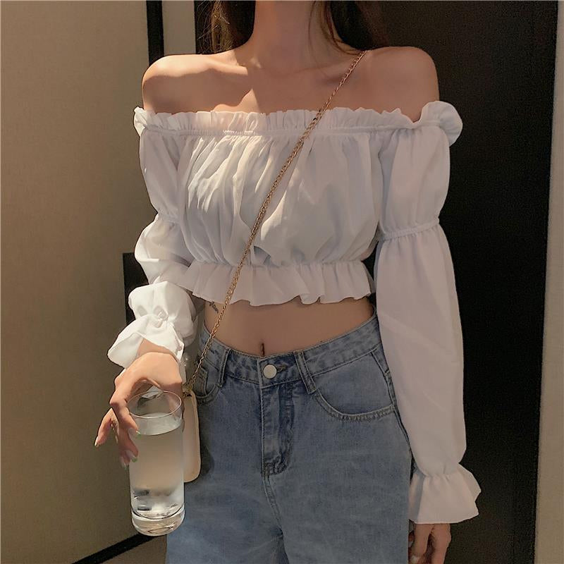 Long Sleeve Sexy Off Shoulder Ruffle Crop Tops – Nada Outfit Land