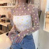 Long Sleeve Daisy Flower Pattern Transparent Shirt