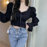 Long Sleeve Lace Tie Cropped Blouse Shirts