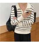 Striped Turn Down Collar Long Sleeve Sweater