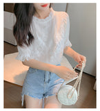 Short Sleeve Embroidery Lace Chiffon Blouse Shirt