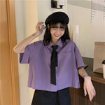 Loose Simple Crop Design Purple Blouse Shirt