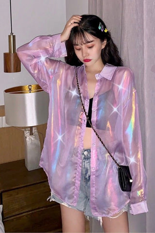 Long Sleeve Glitter Transparent Blouse Shirts – Nada Outfit Land