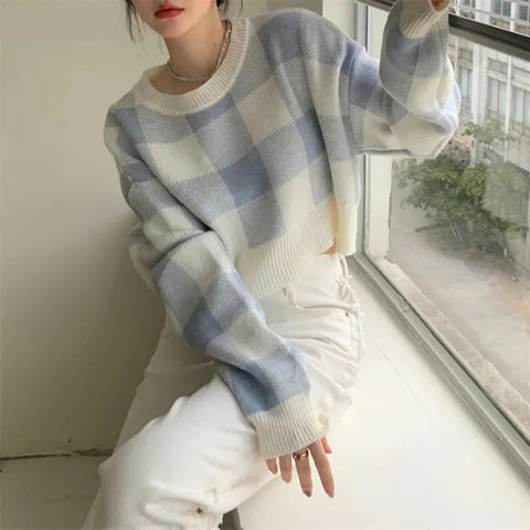 Plaid Pattern O-Neck Loose Cropped Sweater