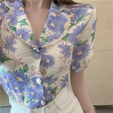 Short Sleeve French Style Vintage Floral Blouse Shirt
