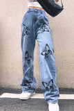 High Waist Wide Leg Butterfly Pattern Jeans Pants