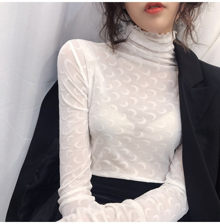 Long Sleeve Moon Pattern Turtleneck Slim Cropped Shirt – Nada Outfit Land