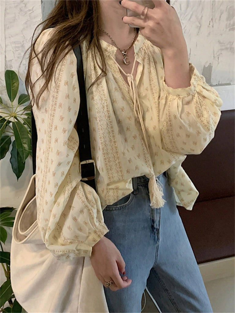 Vintage Printed Lace Up Loose Blouse Shirt – Nada Outfit Land