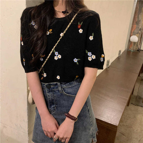 Short Sleeve Floral Embroidered Retro Shirts