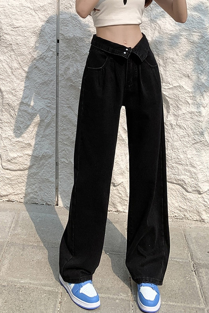 High Waist Extended Button Black Long Jeans Pants – Nada Outfit Land