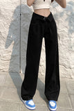 High Waist Extended Button Black Long Jeans Pants