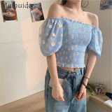 Small Daisy Embroidery Mesh Off Shoulder Shirts