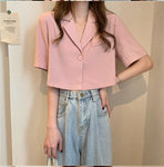 Short Sleeve Notched Style Cropped Blouse Shirts