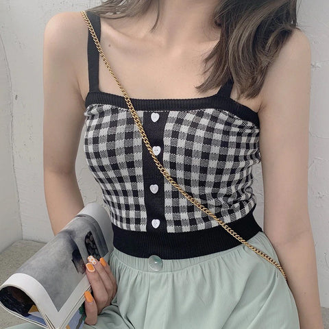Heart Button With Plaid Sexy Knitted Crop Tops