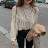 Long Sleeve Lace Stand Collar Floral Embroidery Shirt