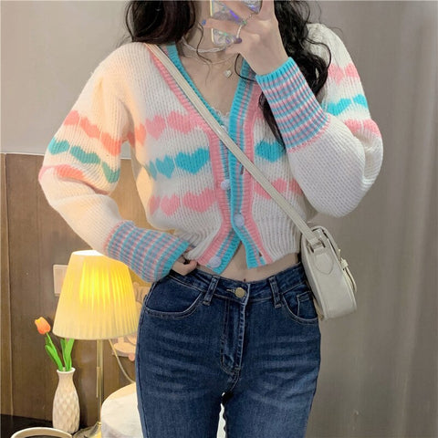Long Sleeve Cute Colors Heart Crop Cardigan Sweater