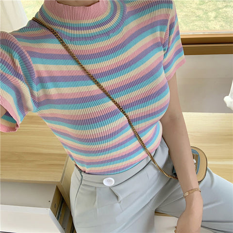 Striped Pastel Colors Knitted Slim Shirt