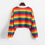 Rainbow Striped Long Sleeve Polo Collar Cropped Shirt