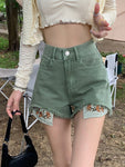 High Waist Floral Embroidered Green Shorts Jeans